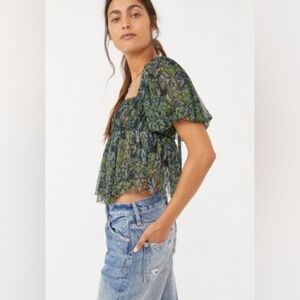 Free People Green Floral Sheer Top